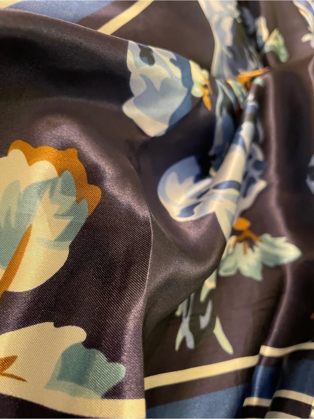 Elegant Silk Feel Blue on Blue Floral Satin Scarf - Picture 3 of 5